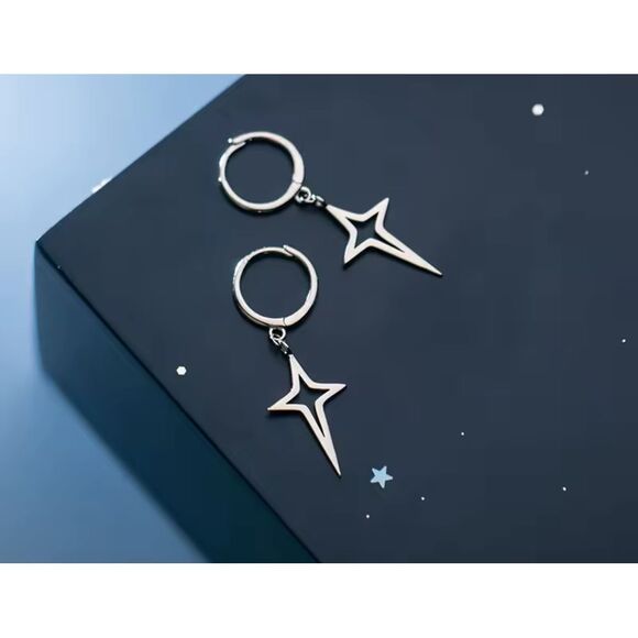 14k White‎ Gold 925 Star Dangle Huggie Hoop Earrings Celestial Statement, 32mm - Picture 1 of 13